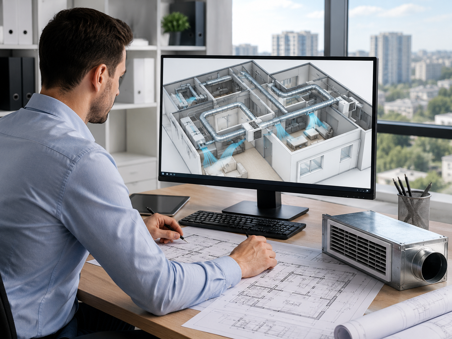 Инженер проектирует систему ОВиК по чертежам и BIM-модели